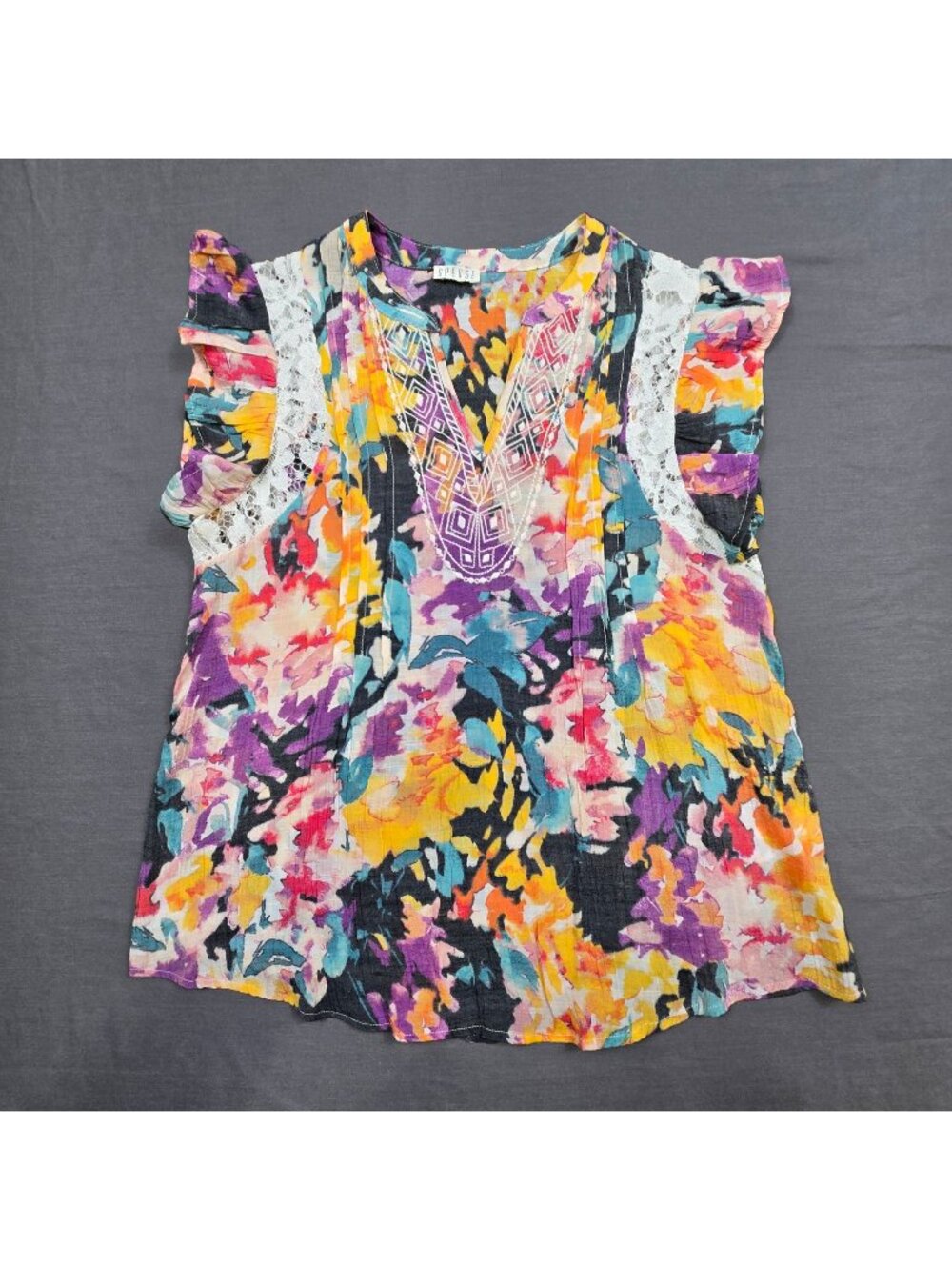 Spense Medium Sleeveless V-Neck Floral Blouse Multicolor Lace Trim Romantic
